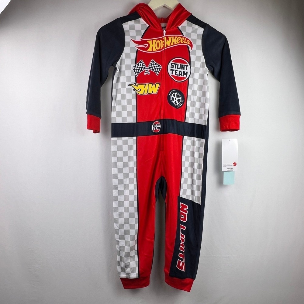 Hot Wheels Boys Kids Hooded Fleece Union Suit Pajamas Red Black M 8 NEW